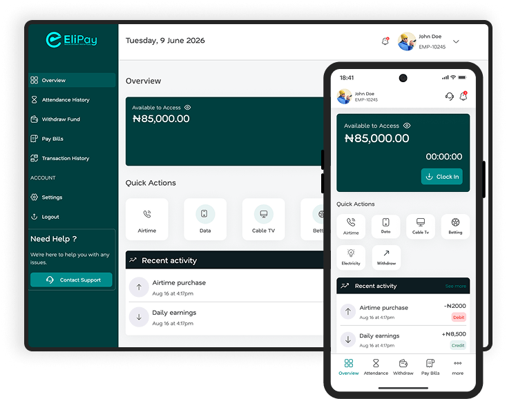Elipay employee dashboard on desktop and mobile